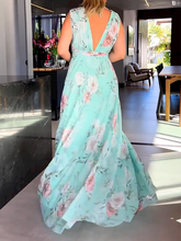 Sleeveless Floral Printed Split-Side V-Neck Maxi Dresses